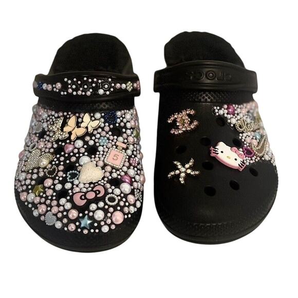 Crocs Bling Bedazzled Handmade Custom Hello Kitty Gem Black Faux Fur Women 10 - Picture 1 of 10